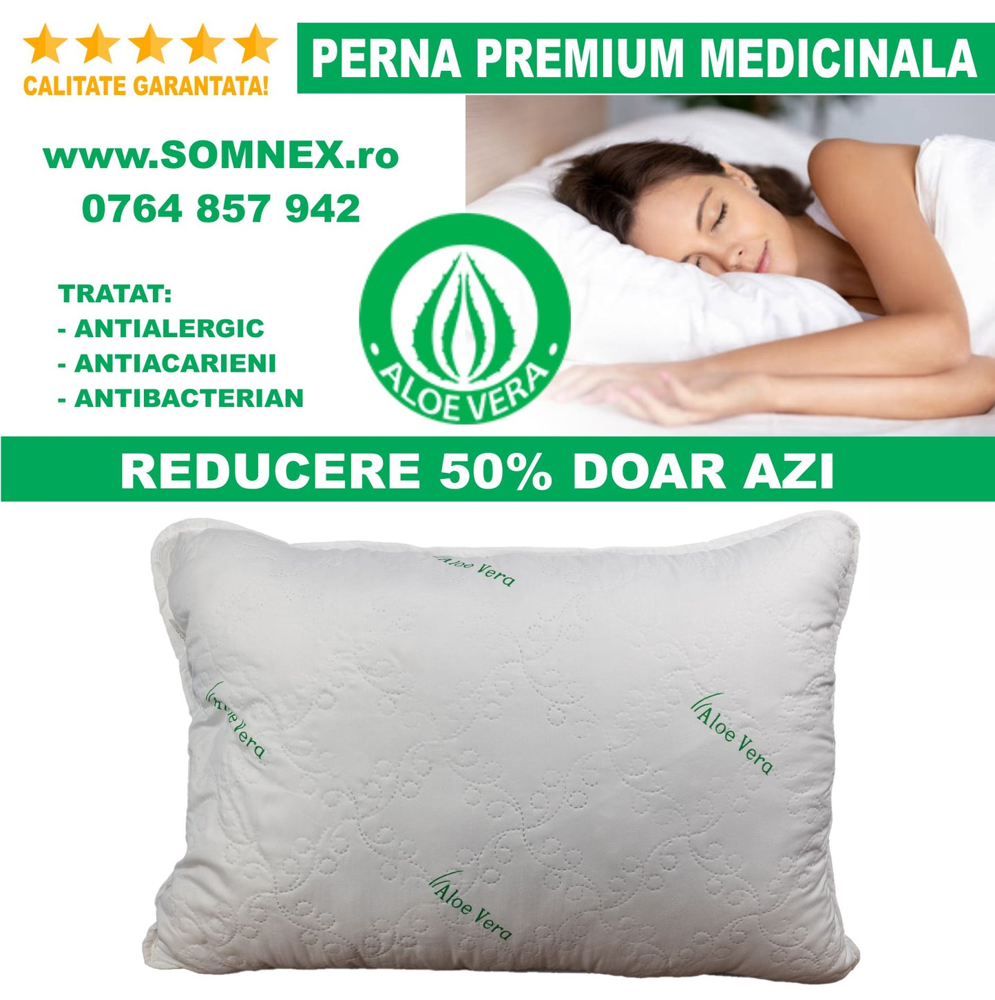 Perna Premium Aloe Vera Matlasata 50x70cm